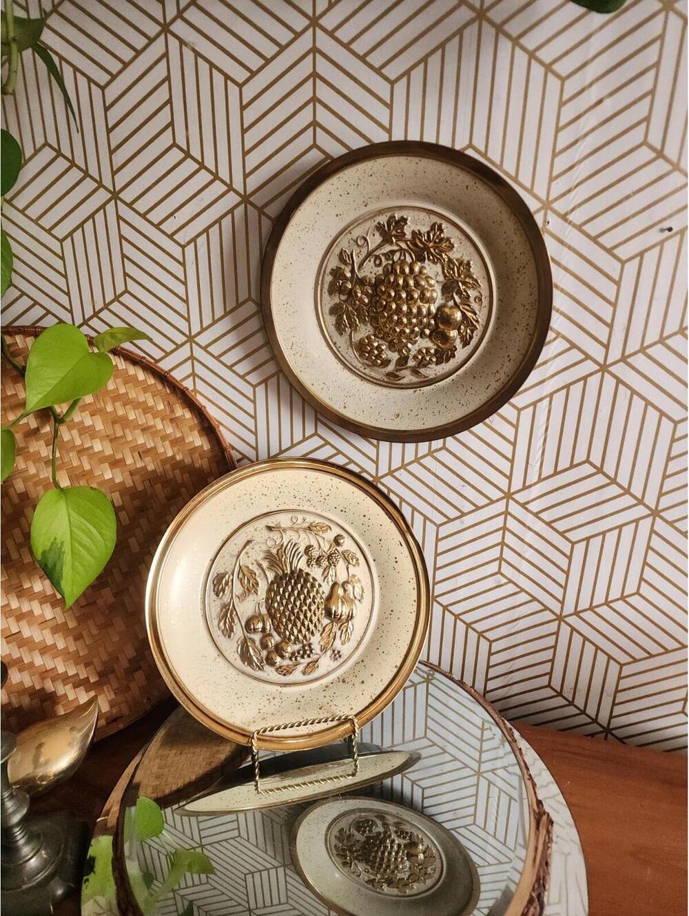 Vintage Cream And Gold Fruit Embossed Round Brass Wall Plaques- Made In England
